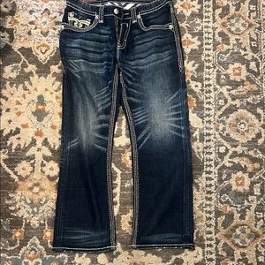 Rock Revival Dark Blue Men's Relaxed Jeans with White Contrast Stitching